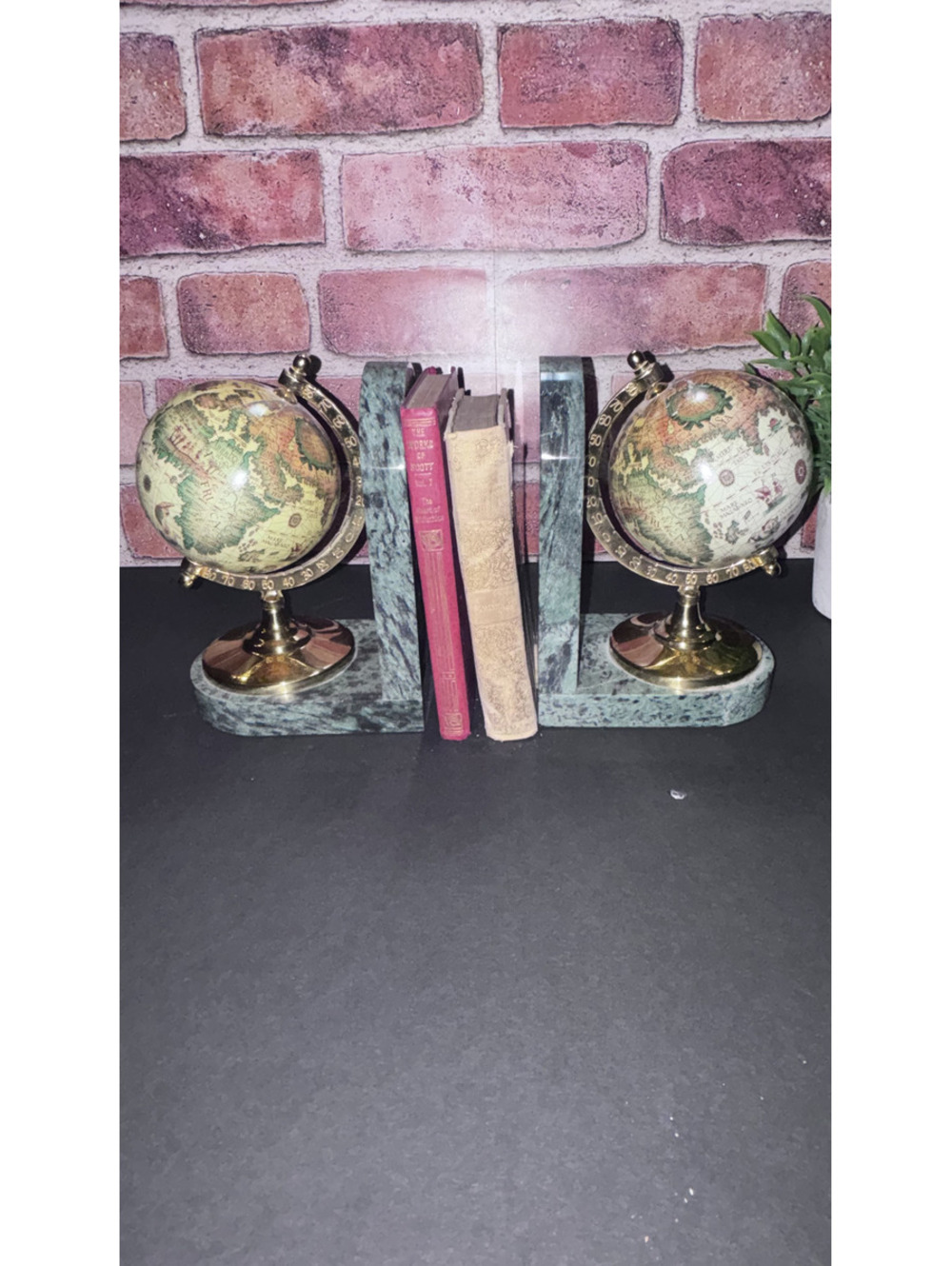 Vintage MCM Green Marble & Brass Spinning Globe Bookends-Pre-owned